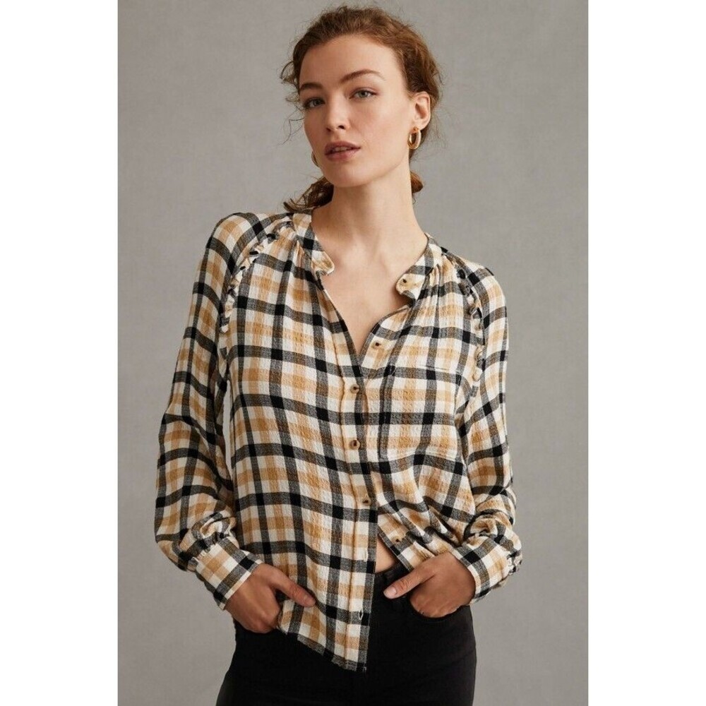 Pilcro Anthropologie Plaid Ruffle Top Large Cabincore Casual Lightweight‎